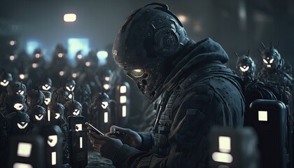 Soldier in a gas mask with a mobile phone in his hands on a dark background. Generative AI